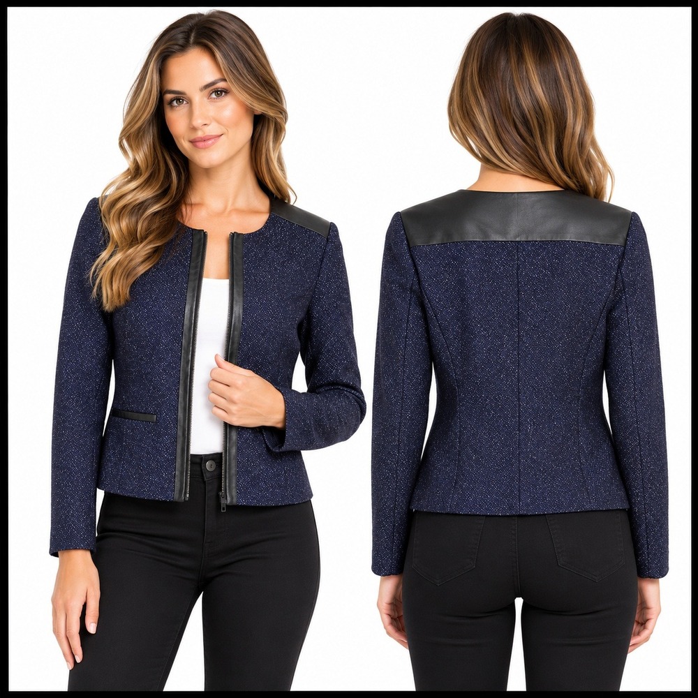 Classiques Entier Navy Tweed Wool Blend Jacket size S Small Zipper‎ Blazer